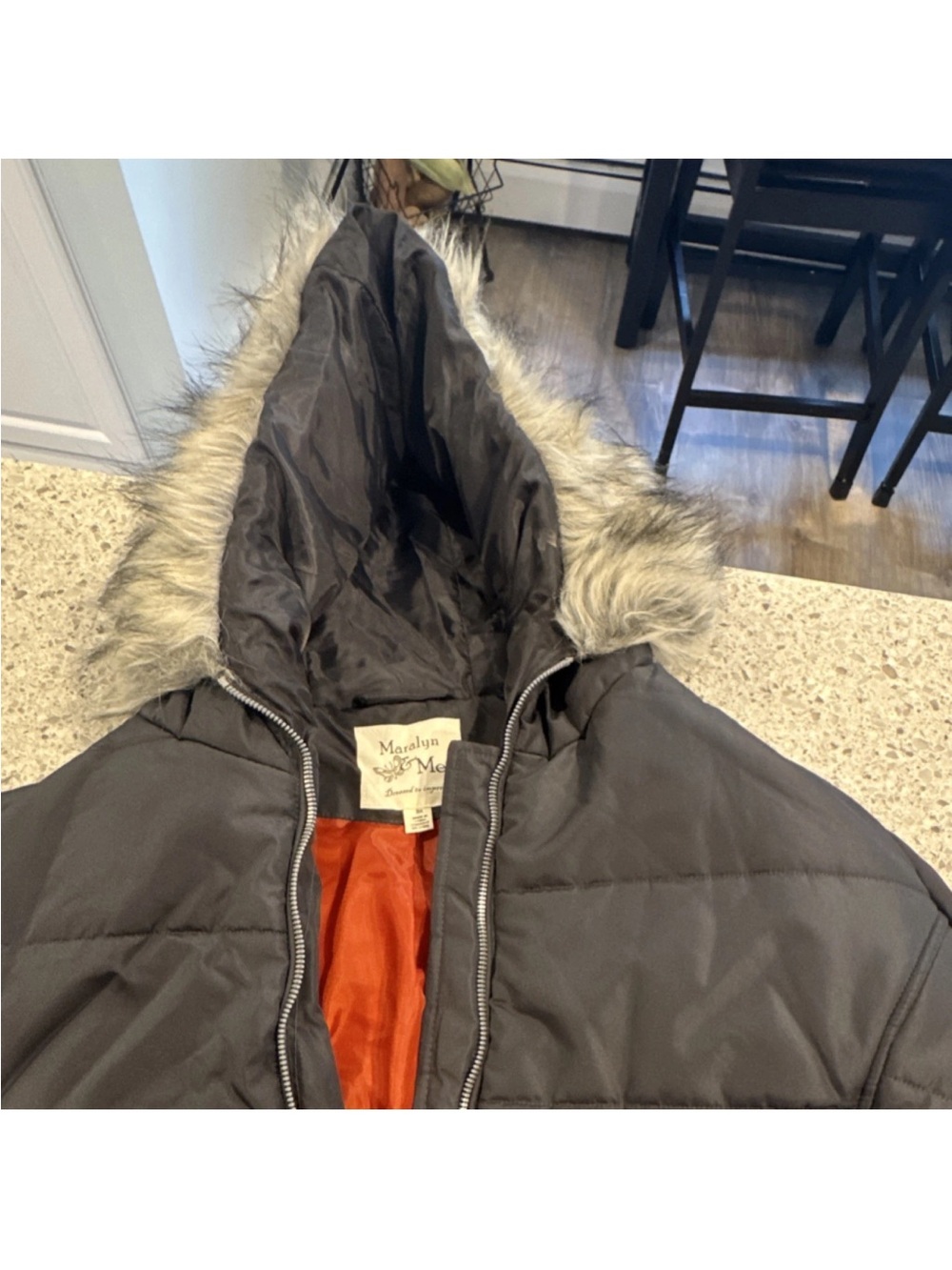 Maralyn & Me Charcoal Hooded Puffer with Faux Fur Trim and Orange Lining